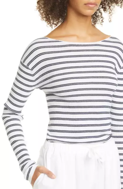 Vince Striped Women's Ribbed Boatneck Cotton Sweater, Optic White/Marine, Large