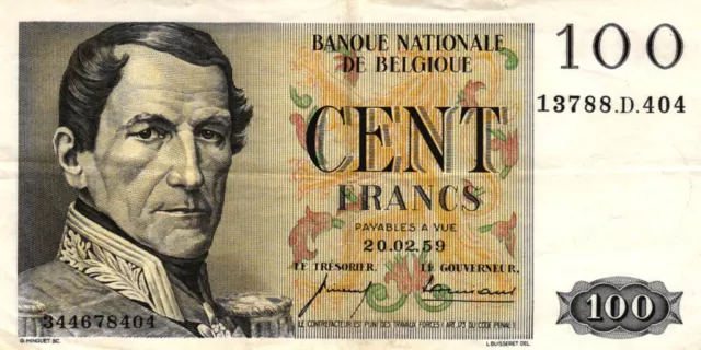05 Belgium / Belgien P129c 100 Francs 1959