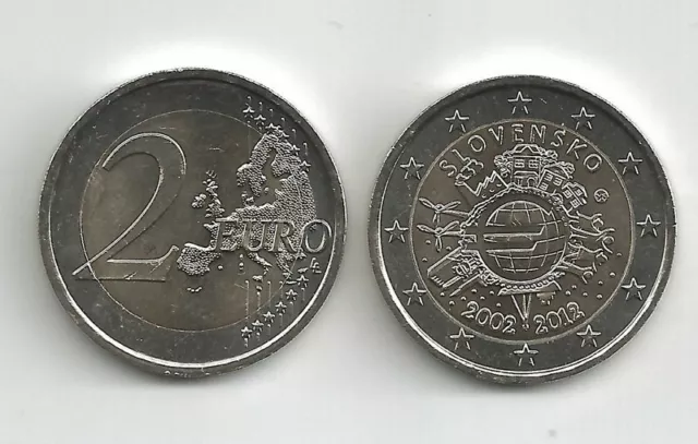 2 Euro Gedenkmünze 2012 aus Slowakei, 10 Jahre Euro Bargeld, bankfrisch, bfr