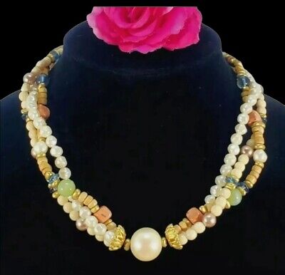 VTG Liz Claiborne Lci 3-Strand Faux Pearl Glass Assorted Bead Choker Necklace