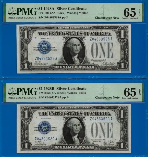 1928A 1928B $1 Silver Certificate PMG 65EPQ changeover ZA Block Fr 1601/1602