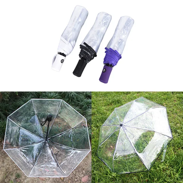 Automatic Open Close Fold Windproof Umbrella Compact Rain Transparent Cle-il