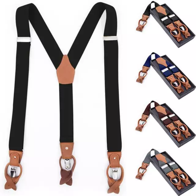 Mens 35x1250MM Clips Buttons Braces Leather Suspenders Y-Shape Heavy Duty