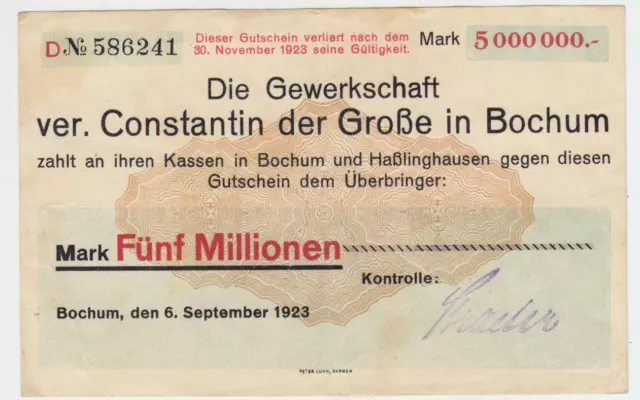 Bochum, ver. Constantin d. Große Inflationsnotgeld 5 Mio Mk  9.9.1923  gebr.