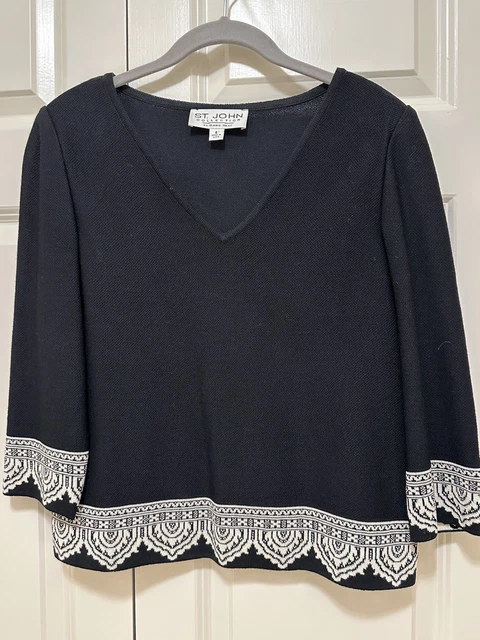 St. John by Marie Gray Santana Knit Top in Black-Cream 3/4 Sleeves Size 6 St. John by Marie Gray Santana Knit Top in Black-Cream 3/4 Sleeves Size 6