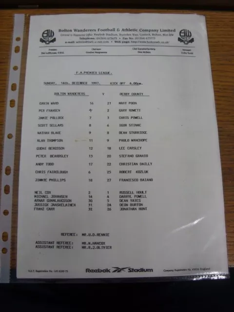 14/12/1997 Teamsheet: Bolton Wanderers v Derby County  . FREE POSTAGE on all UK