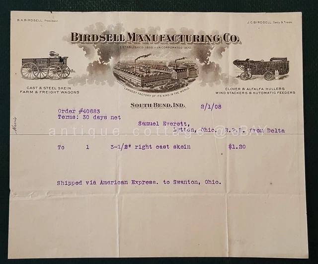 1908 antique BIRDSELL MANUFACTURING RECEIPT southbend in WAGON FARM TOOL everett