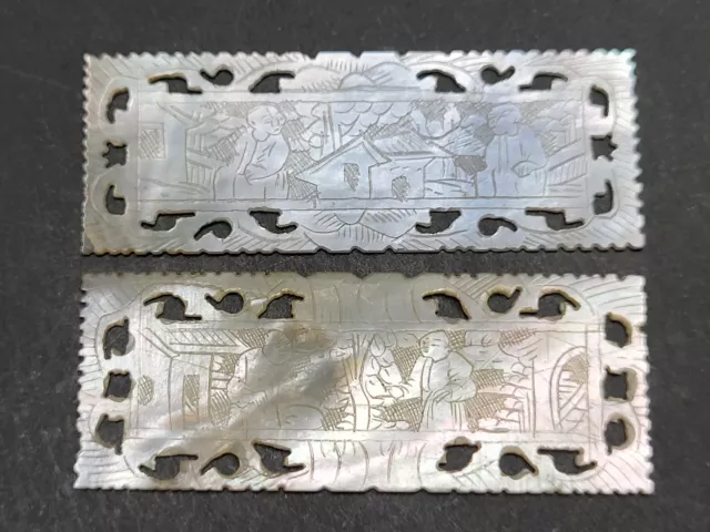 Antique Pair CHINESE MOTHER OF PEARL GAME TOKEN CHIPS Figures Qing Period #2