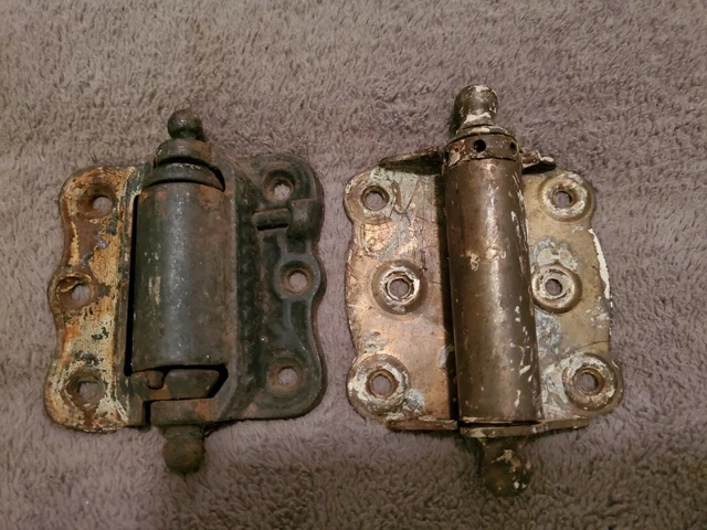 Antique/Vintage Lot Of Two Spring Hinges ~ 1 Cast Iron & 1 Steel Door Hinge ~
