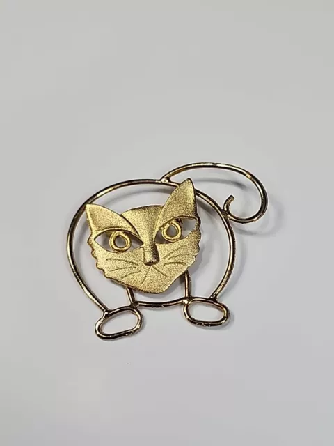 Cat Face Brooch Lapel Pin Gold Color Metal Large Size