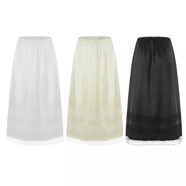 Women Ladies Half Slip Lace Trim Skirt Satin Long Underskirt Petticoat for Dress