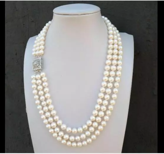 Genuine Three-Strand natural AAA 8-9 mm akoya white pearl necklace 18”