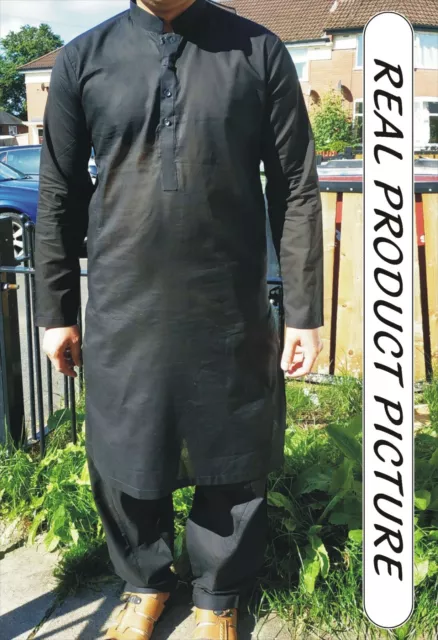 Nuovo Uomo Shalwar Kameez Cotone Bianco Nero Eid Indiano Pakistan Kurta Salwar