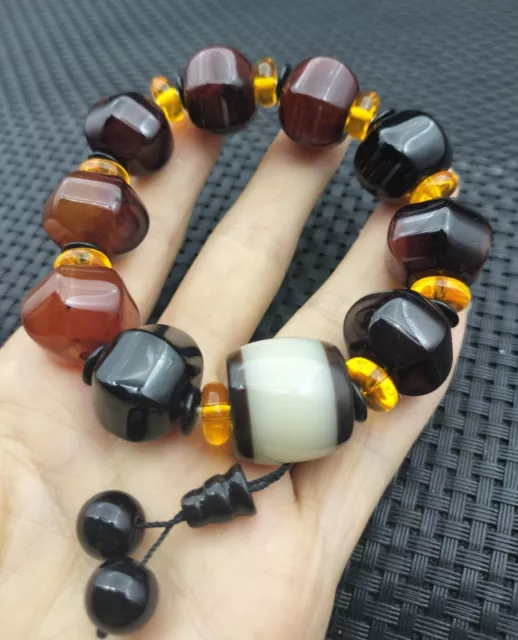 Rare Natural Red Orange Black Ancient Agate Jade Carved Beads Stretchy Bracelet