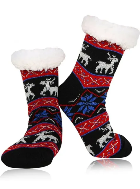 2 Pair Women Christmas Cute Fuzzy Slipper Socks Girls Winter Warm Fleece SZ 8-11