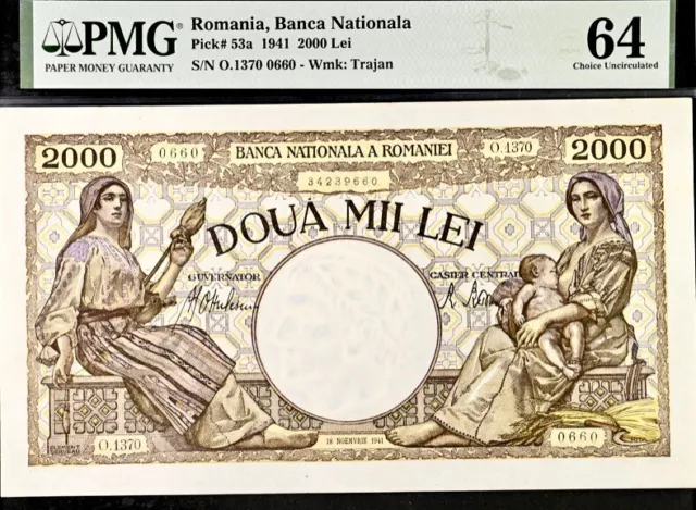 Romania 2000 Lei Pick# 53a 1941 PMG 64 Uncirculated Banknote