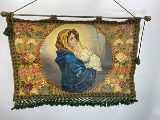 Antique Italian Madonna and Child Hand Painted and Woven Tapestry 19th Century
