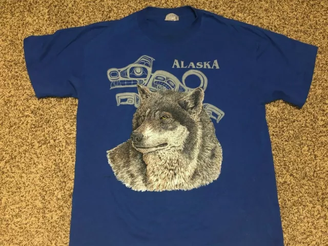 ALASKA Vtg 80s Wild Wolf PRINT ALL OVER Tourist thunderbird 50/50 T Shirt M/L