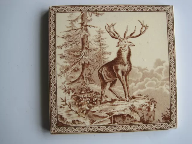 Antique 6" Victorian Brown On Cream Transfer Print Tile - Stag Pattern 1358