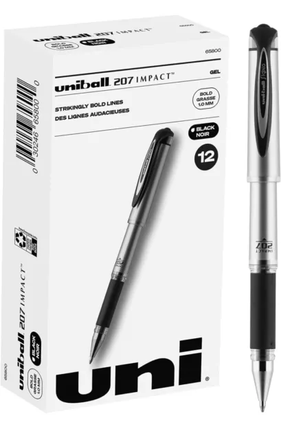 🔥Uniball Signo 207 Impact Stick Gel Pens 12 Black Pens 1.0Mm Bold Point BNIB🔥