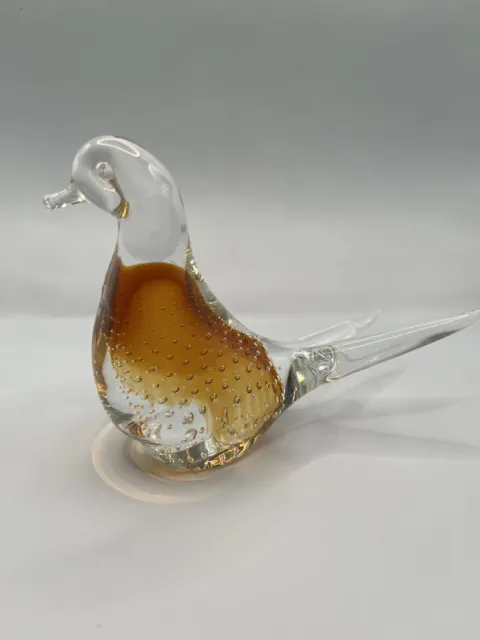 VTG Art Glass Amber Colored Bird With Controlled Bubbles