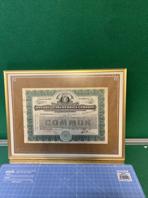 HYDRAULIC PRESS BRICK CO FRAMED SHARE CERTIFICATE 25 Shares 1936