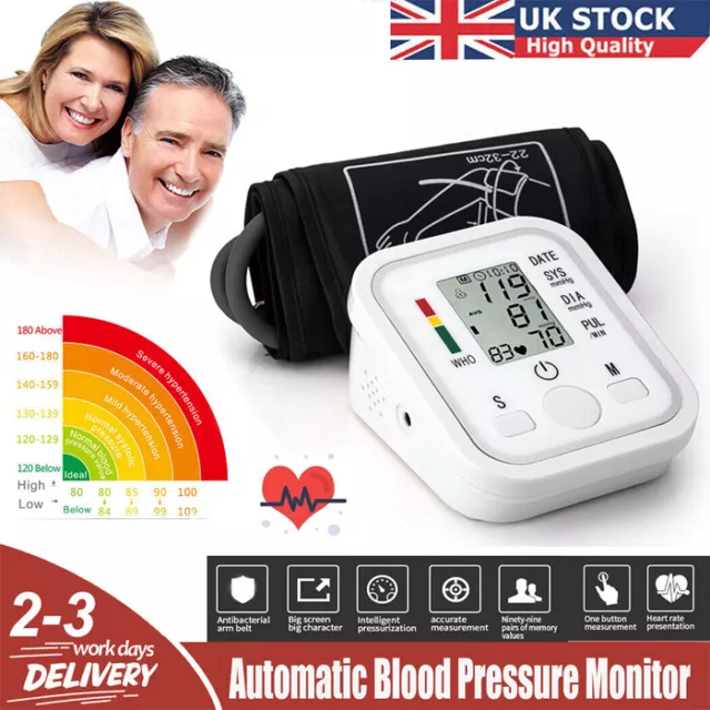 Digital Automatic Blood Pressure Monitor Upper Arm BP Machine Heart Rate White