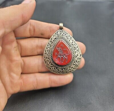 Very Old Silver Pendant With Agate Stone Hourse Intaglio