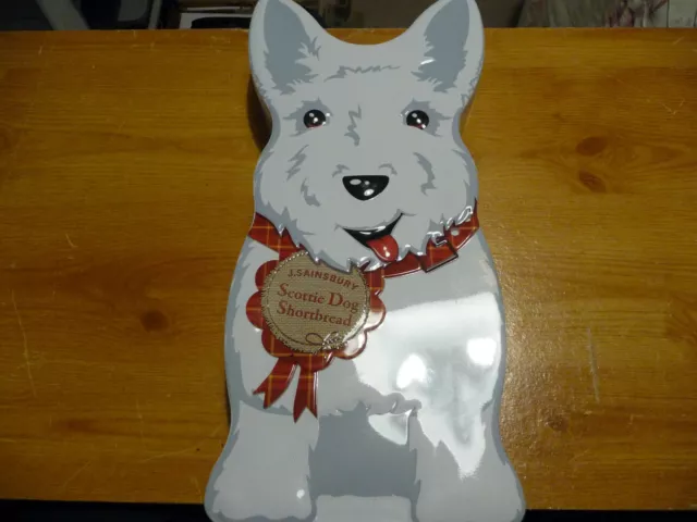 J Sainsbury’s large Shortbread Tin SCOTTIE DOG white red tartan collar 13”