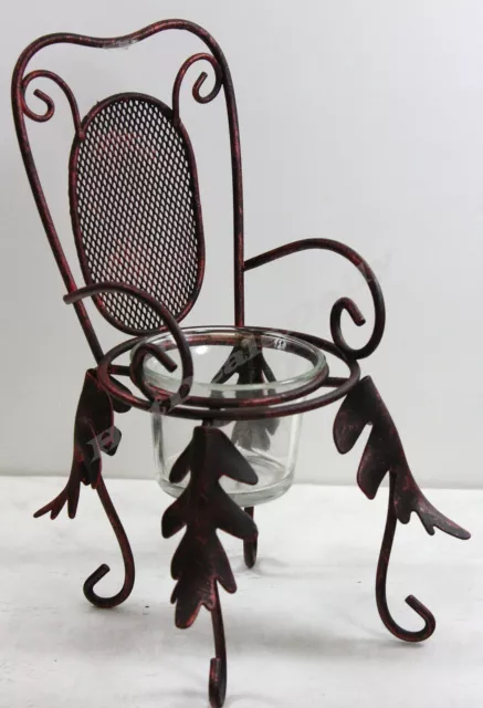 Country Chair Iron Votive Holder With Glass Insert Leaves On Legs 8" Tall