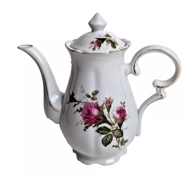 Vintage 7.5” Tea Pot Porcelain White Roses with Lid Gold Trim Handled Japan