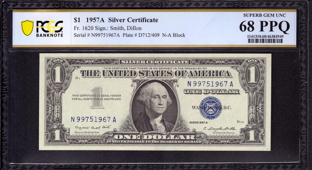 1957 A $1 Silver Certficate Note Fr.1620 Na Block Pcgs B Superb Gem Unc 68 Ppq