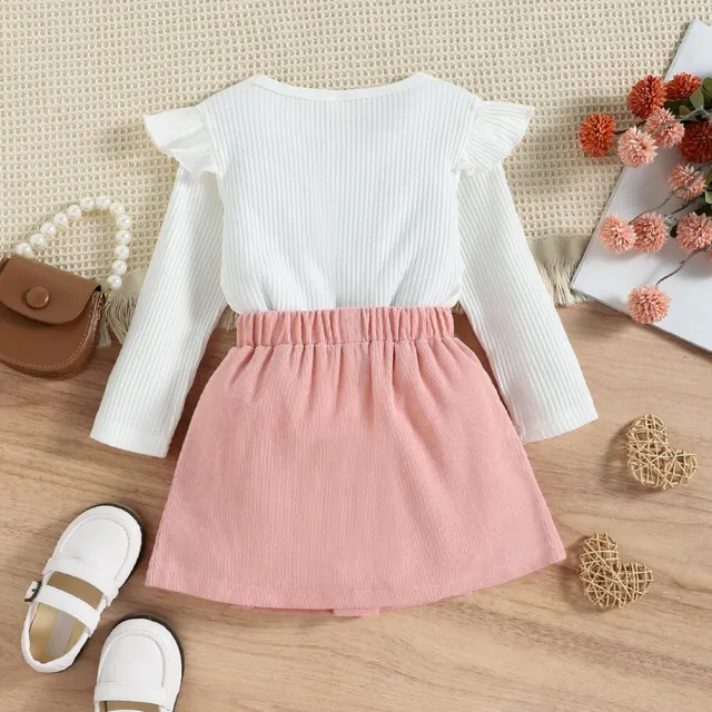 2PCS Toddler Kids Baby Girls Ribbed Ruffle Tops Skirt Set Party Outfits Clothes 3