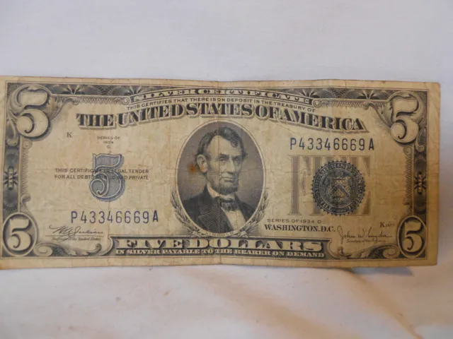 $5 FIVE DOLLAR SILVER CERTIFICATE Blue Seal 1934