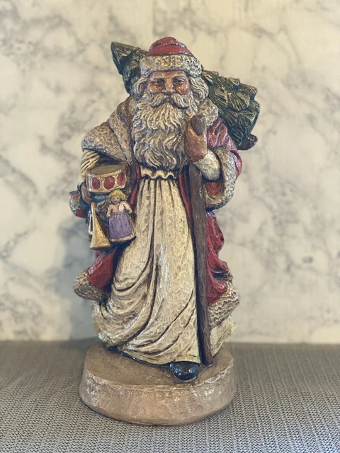 Glittery Hand Carved Santa Carrying Presents And Christmas Tree Figurine