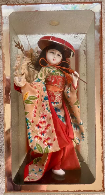 Antique Japanese Geisha Doll in plastic case pre-1980