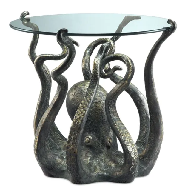 Incredible Cast Aluminum Octopus Glass Top End Table