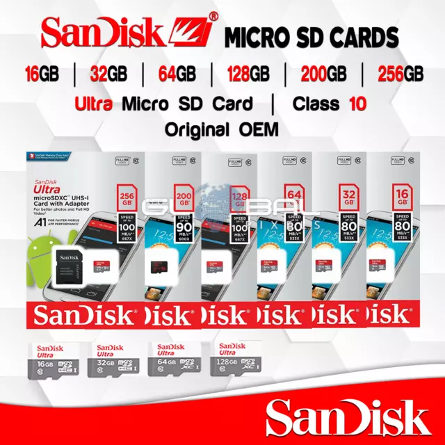 SanDisk Ultra MICRO SD CARD 16GB/32GB/64G/128GB/256 GB Memory  Mbs Phone Cam OEM