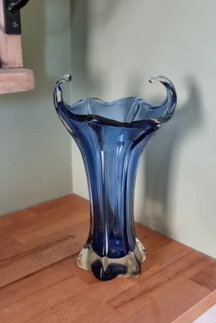 Vintage Mid-Century Blue Sommerso Murano Stretched Flared Art Glass 11"Tall Vase