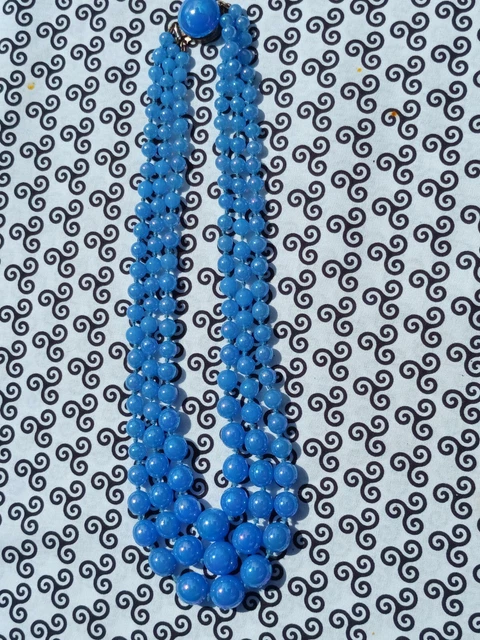 Collier Vintage 3 Rangs Perles En Pâte De Verre Bleu Ciel - Années 1930-1950, Occasion