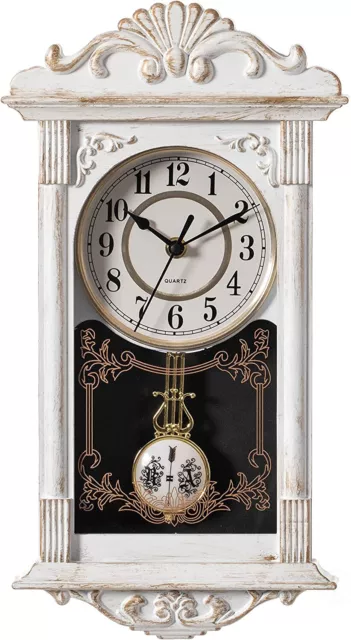 Pendulum Wall Clock 40cm Rustic White Country Hamptons Plastic Faux Wood Vintage
