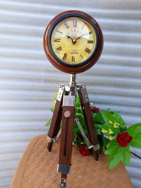 New Vintage Antique Beautiful Wooden Tripod Clock Nautical Table Clock Home & De 2