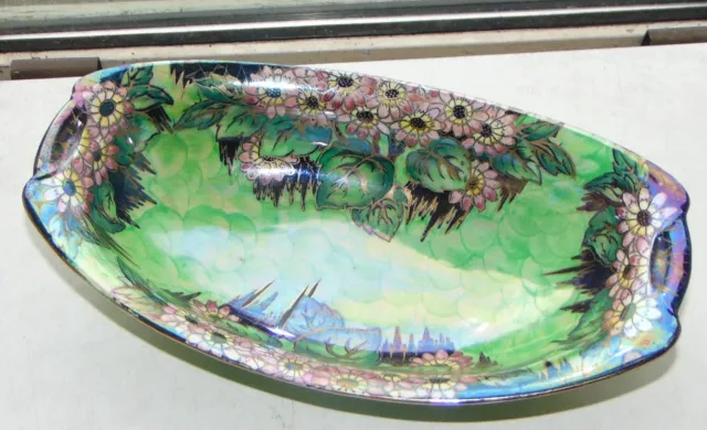 Maling Green Lustre Daisy Oval Bowl 6236 Pattern c1930s 28cm Hand Painted 2