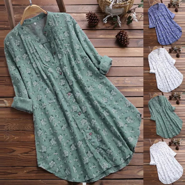 Women Cotton Linen T-Shirt Dress Plus Size Ladies Casual Baggy Tunic Blouse Tops