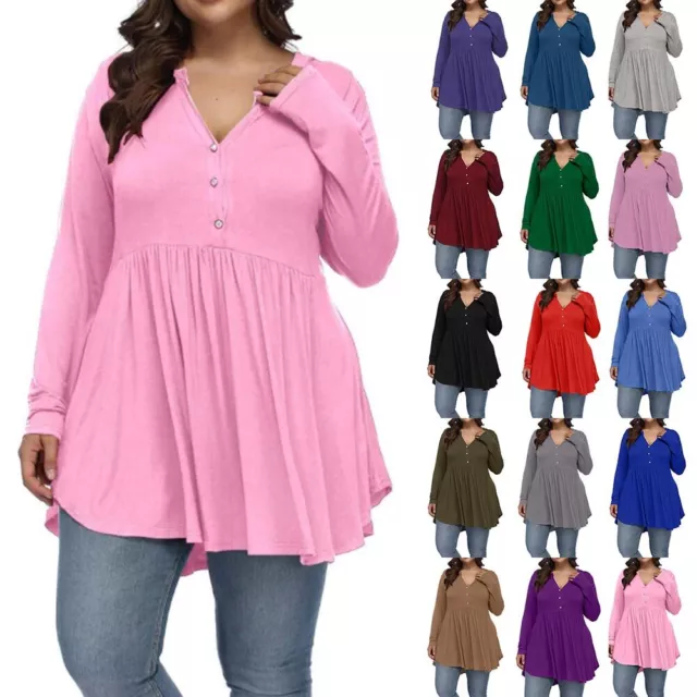 Plus Size Women V Neck Long Sleeve T-Shirt Ladies Casual Loose Tunic Tops Blouse