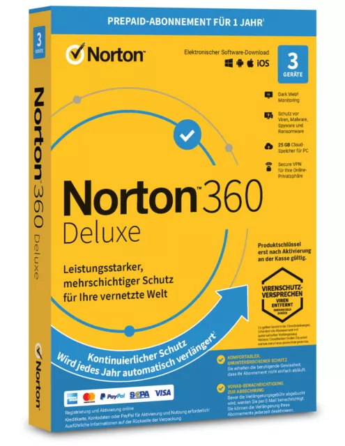 NORTON 360 DELUXE 2024 Internet Security Antivirus 3 Geräte 1 Jahr Key ESD
