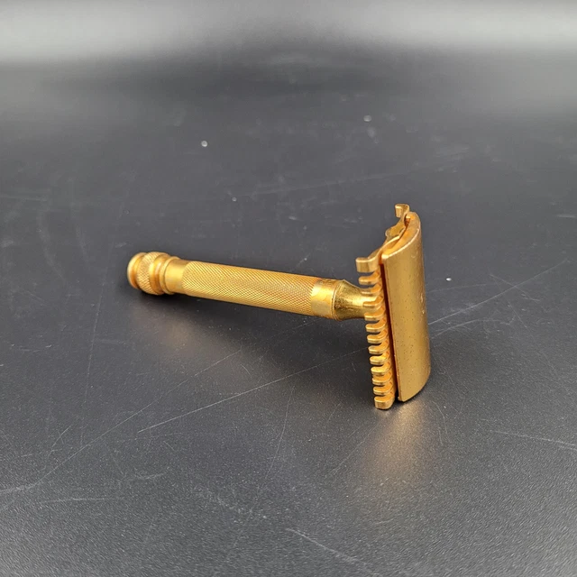 Vintage 1930's Gillette Goodwill Gold Tone DE Ball End Open Comb Razor