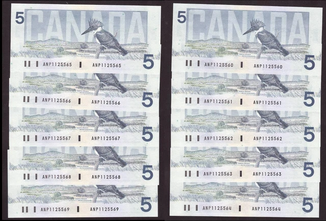 10x 1986 Canada $5 consecutive notes Knight Theissen ANP1125560-69 CH UNC