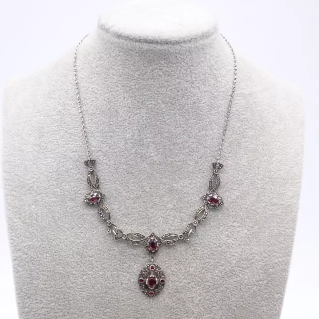 Vintage Marcasite Red Paste Stone Necklace