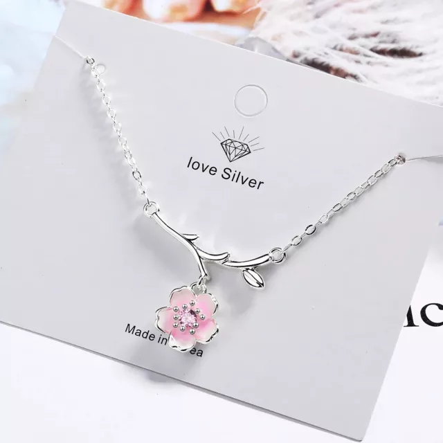 925 Sterling Silver Pink Cherry Fashion Flower Necklace For Women Jewelry Gift